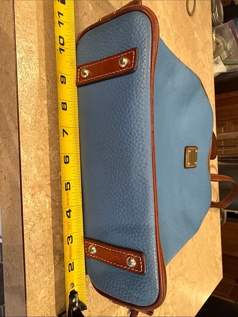 Dooney & Bourke Light Blue Leather Backpack with Brown Trim
